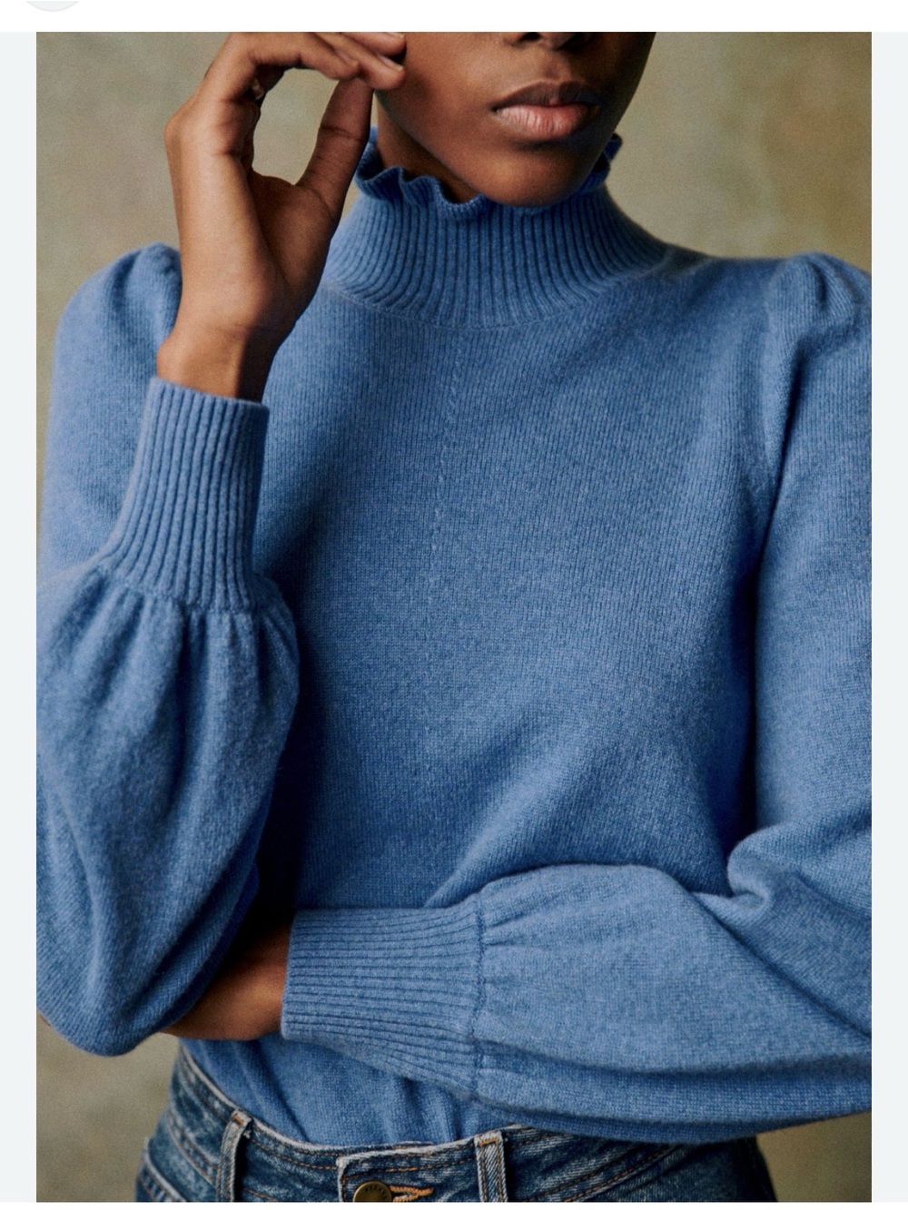 Sezane Sky Blue Ruffled Mock Neck Balloon Sleeve Sweater